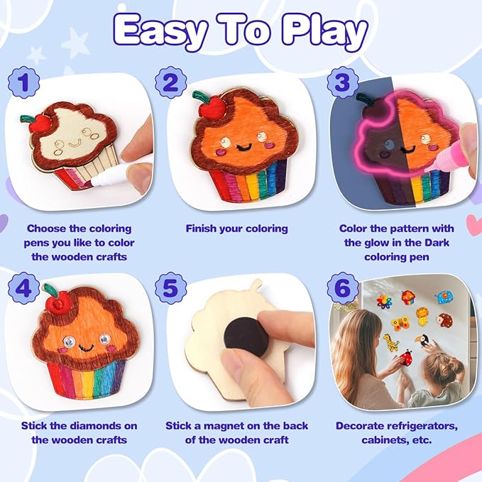 EAPHANT Kids Crafts, 30 PCS Kids Activities Arts and Crafts Painting Kits, Glow in The Dark Wooden Magnets to Paint