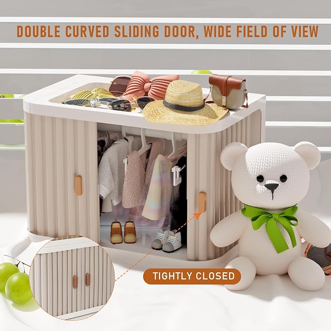 Doll Wardrobe Storage Box, Foldable Doll Closet with 10 Hangers and Rod for 15/17cm Doll Clothes Stackable Organizer Cabinet with Dust-Resistant Cover and Display Shelf (Pearl Grey)