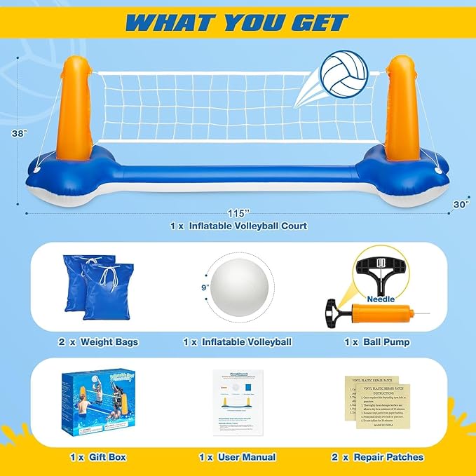 KIDDITOY Pool Volleyball Net, Pool Volleyball Set for Inground with Water Ball and Ball Pump, 2025 Swimming Pool Games for Adults, Perfect for Floating Pool Party Toys Games (115" x30’’x38’’)