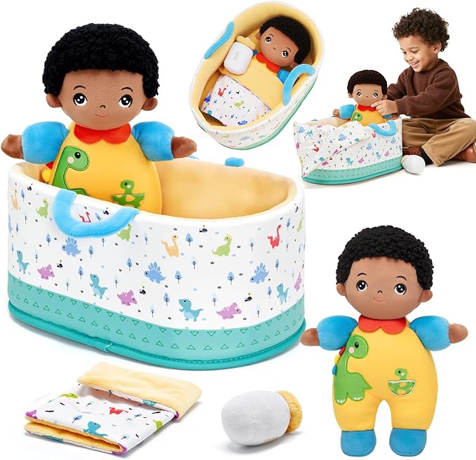 OUOZZZ 10" Soft Black Baby Boy Doll Set, Baby Doll Accessories Pretend Playset for Social Emotional Learning, Birthday Gift for 2 Year Olds Boy