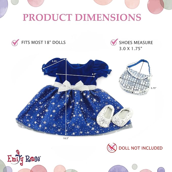 Emily Rose 18" Doll Holiday Dress Set - Midnight Star Sparkly Blue Party Dress with Silver Sequin Shoes & Purse - Premium Gift Boxed Outfit Compatible with American Girl & Most 18 Inch Dolls