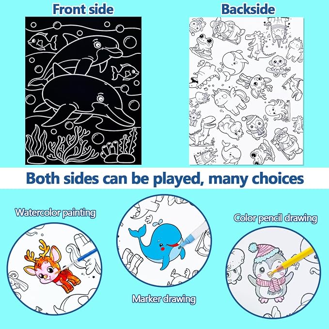 JUNQIU Scratch Art for Kids, Rainbow Scratch Paper Art Set - Ocean, Arts and Crafts for Girls Boys Ages 4-8, Kid Activity & Christmas Crafts, Stocking Stuffers for Kids