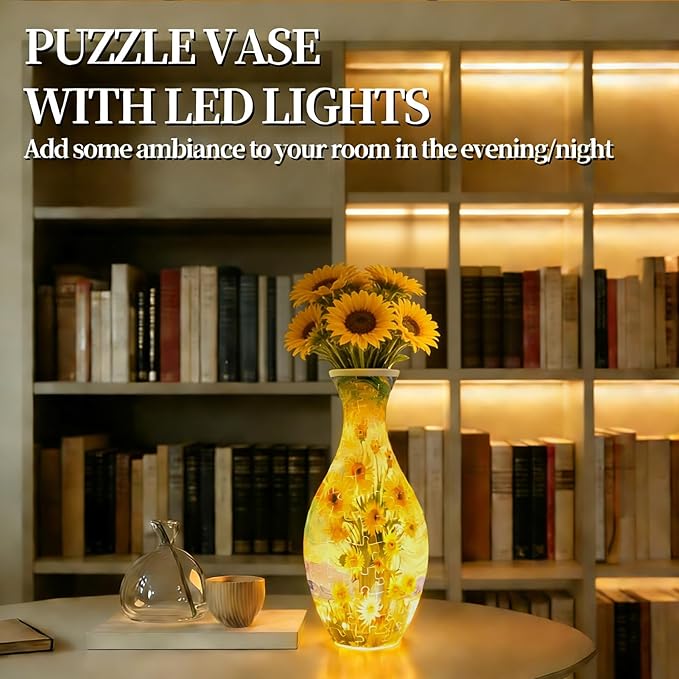 3D Puzzles Vase for Adults, Crafts for Adults, 160 Pieces Plastic DIY Unique Flower Vase with LED Light House Warming Gift Birthday Gifts for Flower Arrangements and Home Decor (Sunflowers)