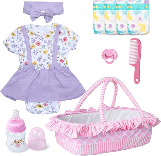 10 Pcs Reborn Baby Doll Clothes with Bassinet for 17-22 Inch Reborn Dolls, Baby Girl Doll Outfits Floral Dress Newborn Baby Doll Accessories Set - Feeding and Caring Set with Bottle Magnetic Pacifier