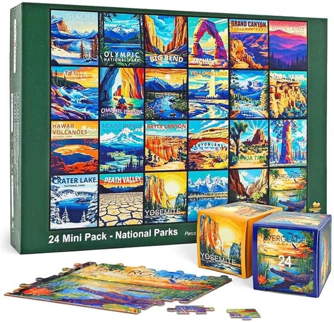 rokt&razo, 24 National Parks, 1000 Pieces Daily Challenge Pack, 24 Mini Pack Jigsaw Puzzle with Reference Poster, Advent Calendar, Family Game Nights, Finish Size 27.5 * 19.7 in