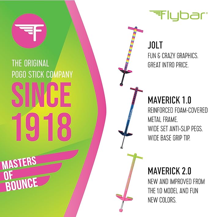 Flybar Maverick 2.0 Foam Pogo Stick for Kids Ages 5 and Up, 40 to 80 Pounds, Outdoor Kids Toys, Pogo Stick for Boys and Girls, Rubber Grip, By The Original Pogo Stick Company (Pink/Green)