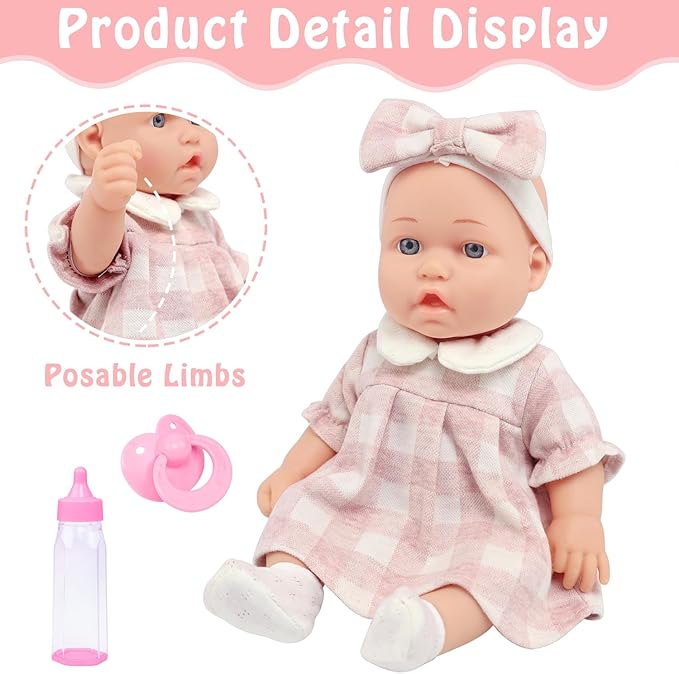 12″ Baby Doll Classic Checkered Dress & 6-Piece Accessories Gift Box Packaged – Soft Realistic Lifelike Baby Dolls for Toddlers & Little Girls