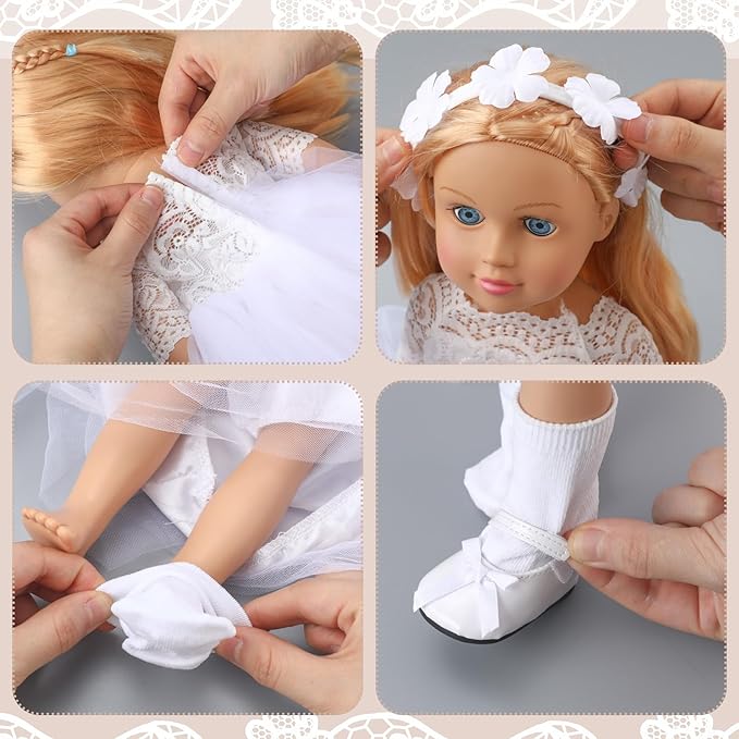 RoundFunny 7 Pcs 18 Inches American Doll Clothes Outfit First Communion Dress with Matching Headband Veil Bracelet Shoes Socks Necklaces Fit 18 Inches Dolls, Doll Not Included(Floral Headband)