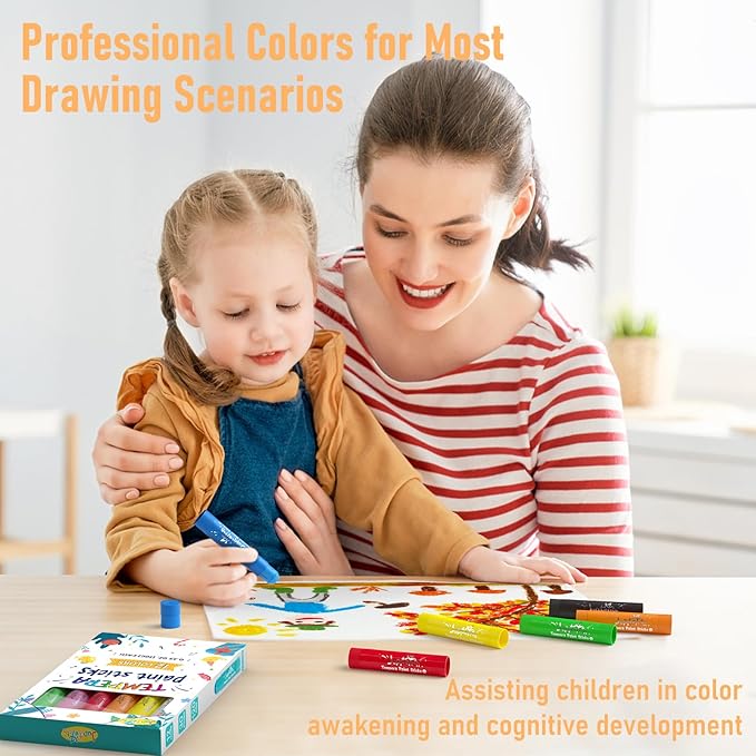 JUPITEARTH 12 Colors Tempera Paint Sticks with 120 PDF Coloring Pages and 30 Stickers, Quick Drying, Smooth, Non-Toxic and Washable Paint Sticks for Kids Drawing on Pumpkin, Wood, Rock, Glass