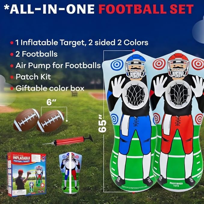 65” Inflatable Football Target Net Toss Game - Double-Sided Throwing Practice Football Stuff with Mini Balls - Backyard Tailgate Party Sports Toy for Kids & Adults