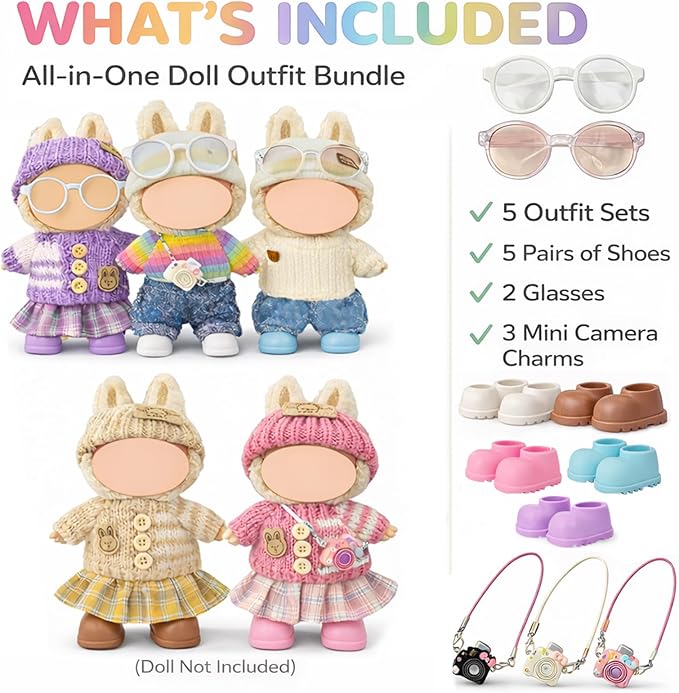 Ezcora 17cm Doll Clothes Outfit Set, 5 Cozy Knit Outfits with Hats, Skirts, Shorts and Doll Accessories, Perfect for Play and Display, Doll Accessories for Collectors (No Dolls)