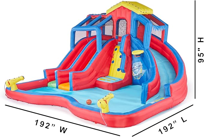 Banzai Hydro Blast Inflatable Backyard Water Slide Park for Ages 5+, Blue/Red – Outdoor Bouncy Play with Wall Climbing, Basketball Hoop, Cannons, and Lagoon Pool