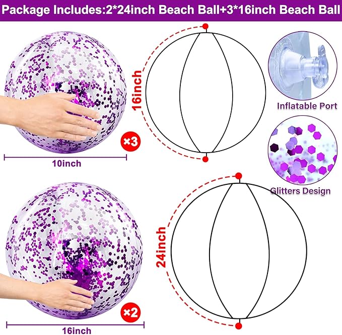 TURNMEON 5 Pack Sequins Beach Ball Jumbo Pool Toys Balls 16 Inch 24 Inch Giant Confetti Glitters Inflatable Clear Beach Ball Swimming Pool Water Beach Toys Outdoor Summer Party Favors for Kids Adults