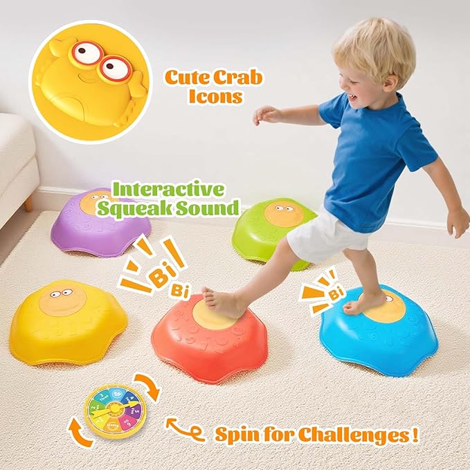 Stepping Stones for Kids - Anti-Slip Toddler Balance Stones with Squeaky Sound - 5pc Crab Sensory Toys for Indoor & Outdoor Play - Montessori Gross Motor Skills Obstacle Course for Boys Girls Toddlers