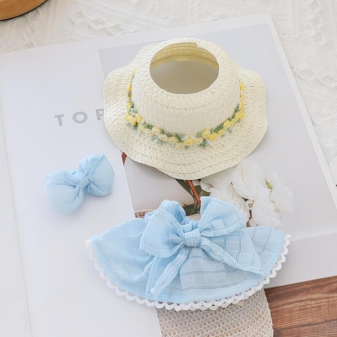 Clothes for Lu bubu 17cm Dolls Accessories (No Doll), Kawaii Hat Skirt Outfit Set 3 Pieces for 17cm Dolls Suit, Stylish Flower Doll Hat Clothing Set Replacement Blue