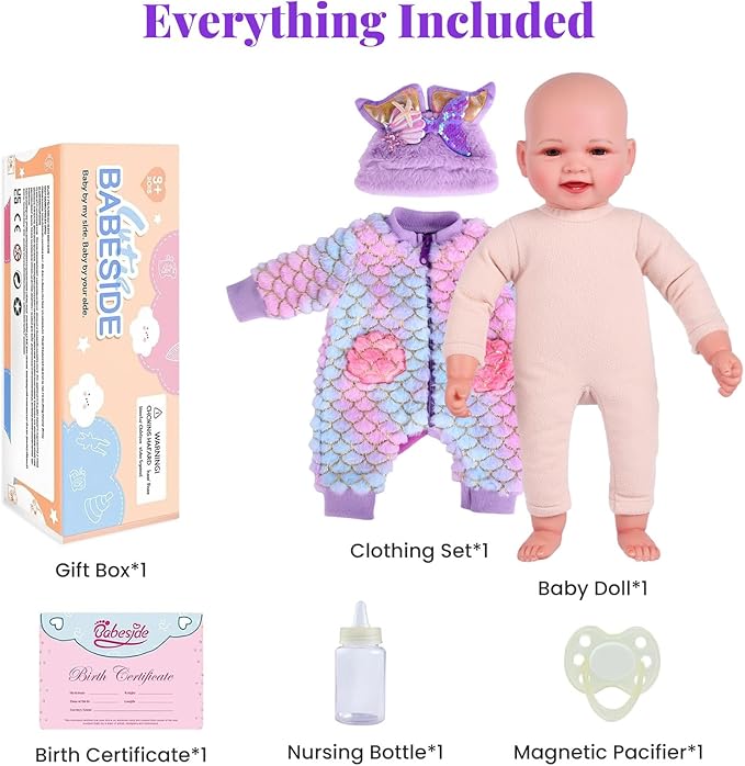 BABESIDE Mermaid Baby Doll Girl-17inch Realistic Soft Baby Dolls with Sparkling Mermaid Outfit & Accessories, Cute Mermaid Toys for 3+ Year Old Girls Gifts, Pretend Play, Collection