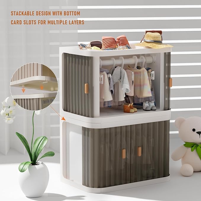 Doll Wardrobe Storage Box, Foldable Doll Closet with 10 Hangers and Rod for 15/17cm Doll Clothes Stackable Organizer Cabinet with Dust-Resistant Cover and Display Shelf (Transparent Grey)