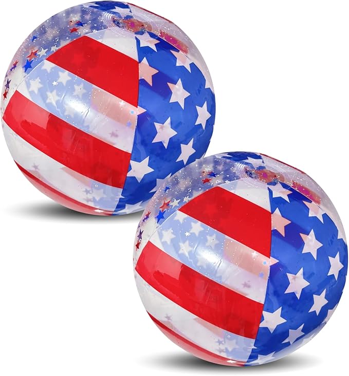 Sean's Choice 2 Pack Patriotic Beach Balls 20 Inch Inflatable Ball Filled with Stars Confetti 4th of July Summer Inflatable Swimming Pool Party Supply