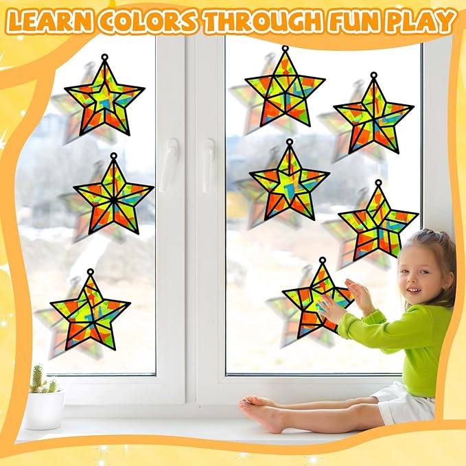 QOUBAI 32 Sets Stars Suncatchers Craft Back to School DIY Stained Glass Window Patriotic 4th of July Paper Craft Home School Classroom Decor Kid Birthday Gift Creative Art Activity Game
