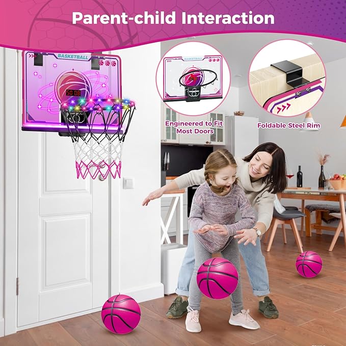 VATOS Basketball Hoop for Girls Indoor, LED Basketball Hoop with 7 Color Lights, Glowing Rim, Scoreboard & Remote Controller, Basketball Set Sports Toys Birthday Gifts for Girls Kids Teens 5-12