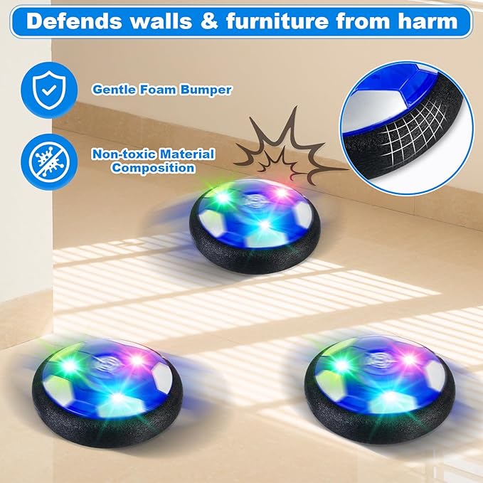 4-in-1 Hover Soccer Ball Hockey & Bowling Set, LED Air Floating Sports Toy for Indoor Outdoor Play for Kids Ages 3-12, Birthday for Boys Girls Toddlers