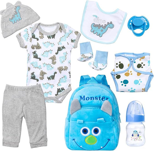 PEDOLLTREE 9 Pcs Set Reborn Baby Doll Clothes Outfit Accessories Blue Dinosaur Set for 17-22 Inch Reborn Doll Newborn Boy with Backpack Diaper