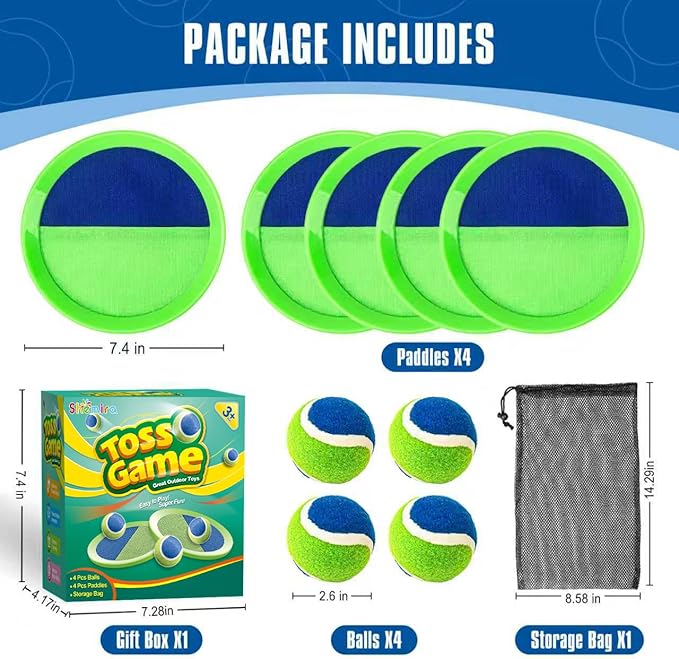 Shemira Ball Catch Game, Toss and Catch Ball Set,Beach Pool Yard Outdoor Toys Games for Kids Ages 4-8-12, Lawn Beach Camping Outdoor Games, Easter Birthday Summer Gifts for Kids, 4 Paddles 4 Balls