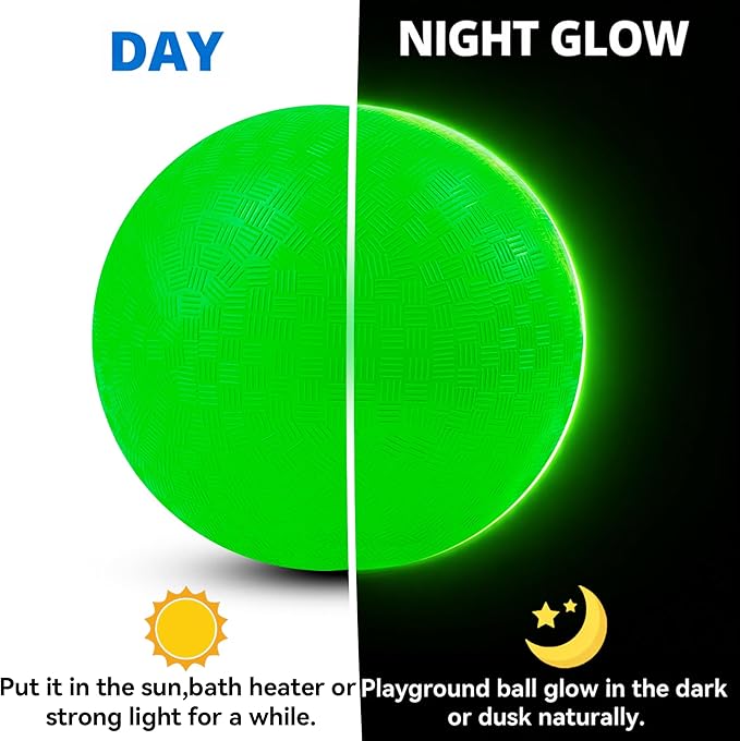 Glow in The Dark Ball 2 Pack, 8.5 Inch Light Up Kickball Playground Ball with 2 Mesh Bags & Hand Pump,No Battery Needed,Charge by Sunlight or Indoor Light, Green Luminous Rubber Bouncy Balls,Gift Box