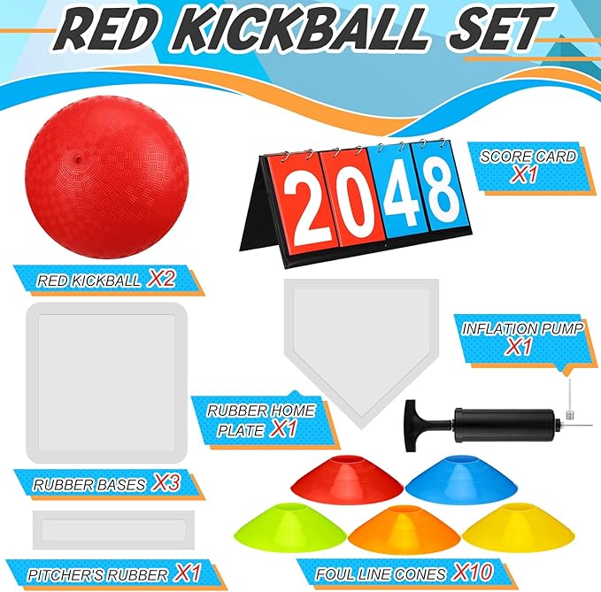 Poen 19 Pcs Sports Kickball Set Including 2 Pcs 10 Inch Playground Ball with Air Pump 5 Rubber Bases 10 Foul Marker Discs and a Flip Scoreboard for Adults Outdoor Backyard Game
