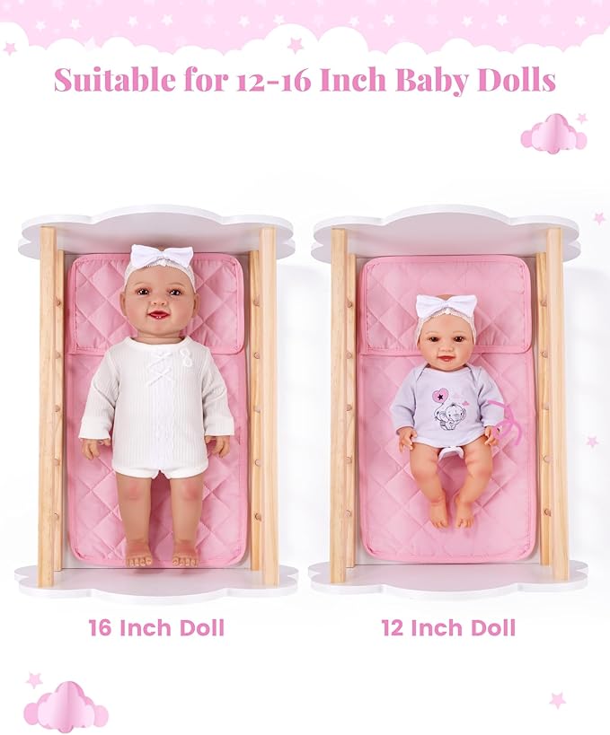 BABESIDE Wooden Baby Dolls Bed for 12-16 Inches Doll, Rocking Babys Doll Crib, Sleep Bed, Baby Dolls Accessories Furniture fit Dolls Boys Girls