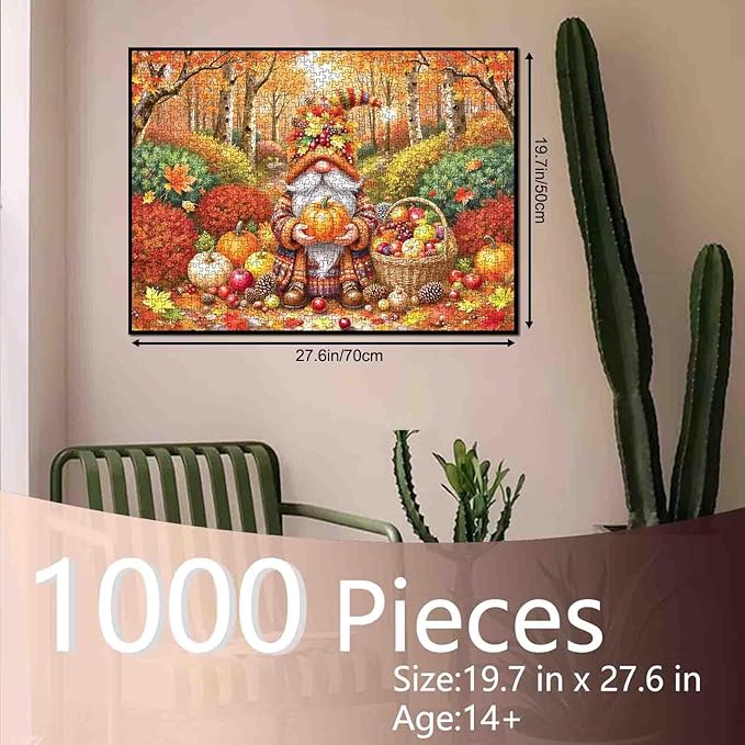 Fall Gnomes Jigsaw Puzzle 1000 Pieces for Adults Autumn Fallen Leaves Puzzle Pumpkin Thanksgiving Puzzle Intellectual Decompressing Fun Family Game Living Room Wall Decoration Gift Travel Toys