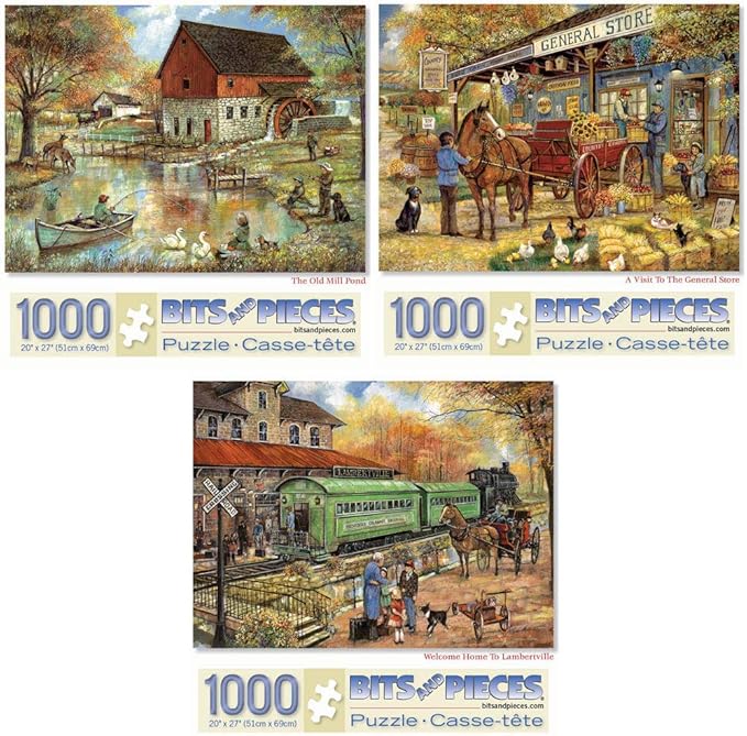 Bits and Pieces Value Set of Three Jigsaw Puzzles for Adults – Vintage Americana by Ruane Manning – 300 Piece & 500 Piece (18" x 24") and 1000 Piece (20" x 27") Collection (Three 1000 Piece Puzzles)