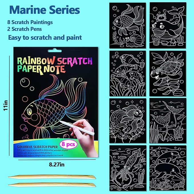 JUNQIU Scratch Art for Kids, Rainbow Scratch Paper Art Set - Ocean, Arts and Crafts for Girls Boys Ages 4-8, Kid Activity & Christmas Crafts, Stocking Stuffers for Kids