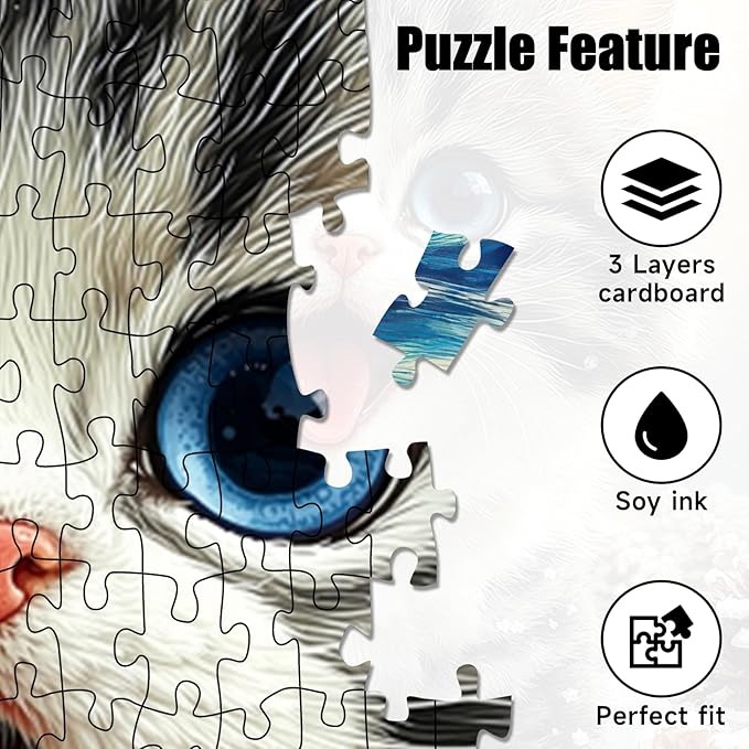 Cute Snowy Cat Puzzles for Adults 1000 Pieces, Winter Snowy Kitten Animal Jigsaw Puzzle with Letters on Back, 22.8X 22.8 Inch Wall Art, Relaxing Family Game, Easter