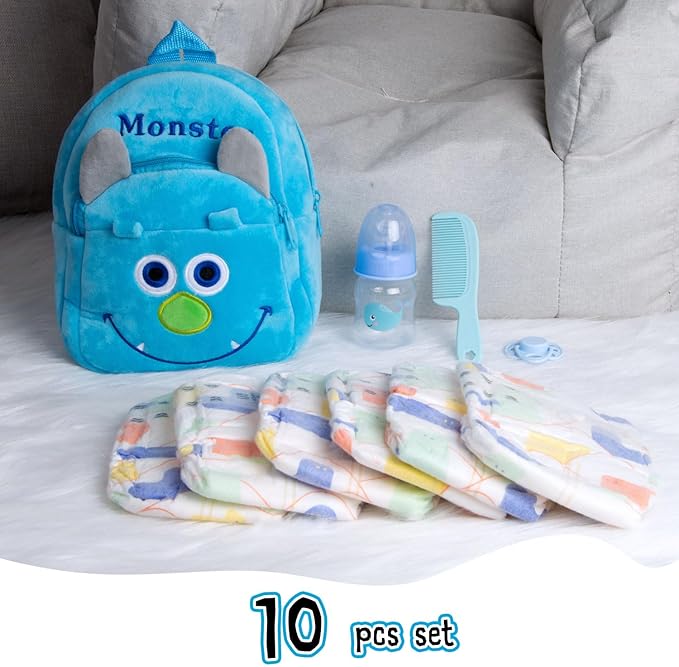 10 Pcs Reborn Baby Doll Diaper Bag Care and Feeding Set for 17-24 inches Reborn Dolls Newborn Baby Accessories with Monster Backpack Diapers Pacifier Bottle Comb
