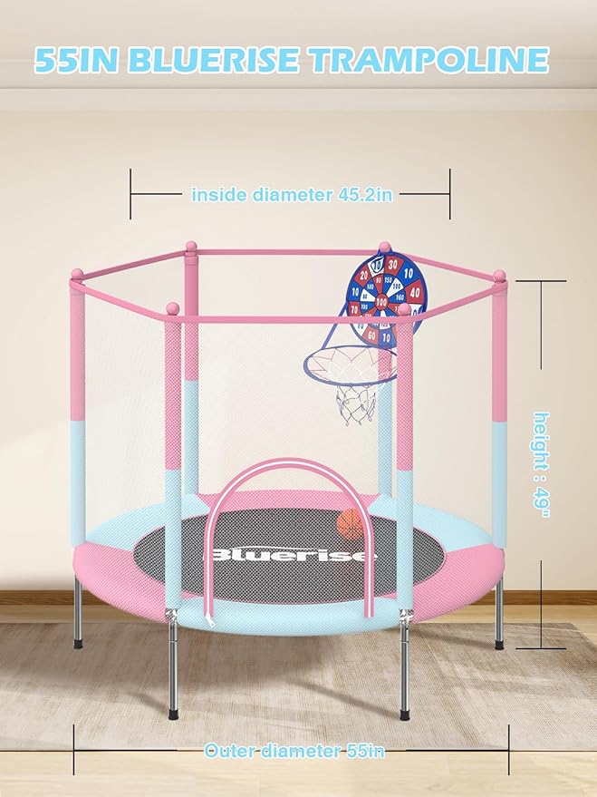 BLUERISE 55IN 6FT Toddler Trampoline for Kids Indoor Outdoor Play for Kids Trampoline Basketball Hoop Attachment with Enclosure Net Easy to Assemble
