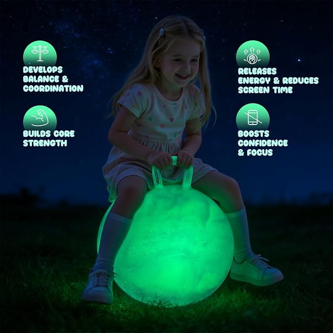 PlayZap Glow in The Dark Hopper Ball for Kids 6-12, Night Light Bouncy Ball with Handle, 20 Inch Inflatable Hippity Hop Jumping Hopping Toys Girls Boys Gifts for Indoor Outdoor