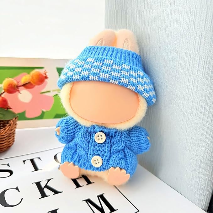 17cm Doll Clothes Set for Lububu,Cute Outfits with Hand-Crocheted Blue Sweater , Hat and Mini Bag, Designer Clothing and Accessories for 15cm Have a Seat Series Doll Display and Dress-Up