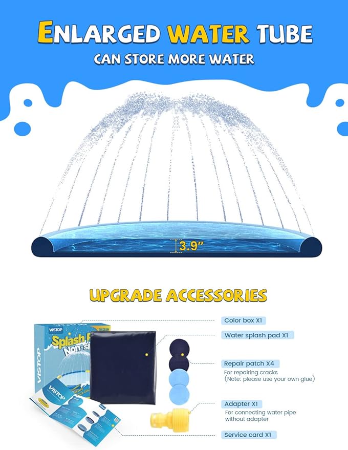 VISTOP Non-Slip Splash Pad for Kids and Dog, Thicken Sprinkler Pool Summer Outdoor Water Toys - Fun Backyard Fountain Play Mat for Baby Girls Boys Children or Pet Dog (107 inch, Blue&Blue)