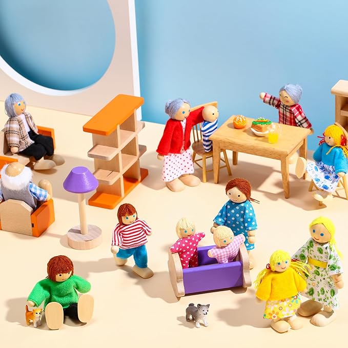 Skylety 20 Pcs Wooden Dollhouse Family Set of 16 Mini People Figures and 4 Pets, Wooden Dollhouse Dolls Cosplay Family Figures Accessories for Pretend Toy(Vivid Style)