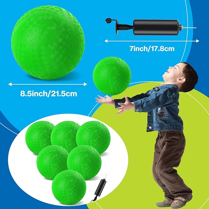 6 Pcs Dodgeballs 8.5 Inch Playground Ball Kickball Green Inflatable Rubber Handball Bouncy Dodge Ball with 1 Hand Pump for Outdoors Games Gym Camps Picnic (Needle is at The Top of the Pump)