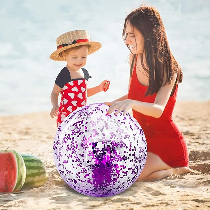 TURNMEON 5 Pack Sequins Beach Ball Jumbo Pool Toys Balls 16 Inch 24 Inch Giant Confetti Glitters Inflatable Clear Beach Ball Swimming Pool Water Beach Toys Outdoor Summer Party Favors for Kids Adults