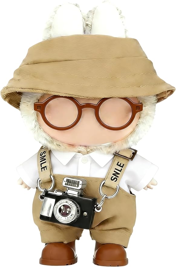 Clothes for LABUBU 17cm Doll (NO Doll), Hat & Overalls & Shirt & Shoes & Glasses & Camera Set for 17cm Accessories Suit, Cute Clothes for Dress up Unique Style (Brown)