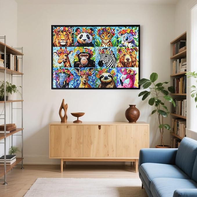 1000 Piece Puzzles for Adults - Colorful Mosaic Wildlife Jigsaw Puzzle, Jungle Animals with Flowers Design Perfect for Family Game Nights
