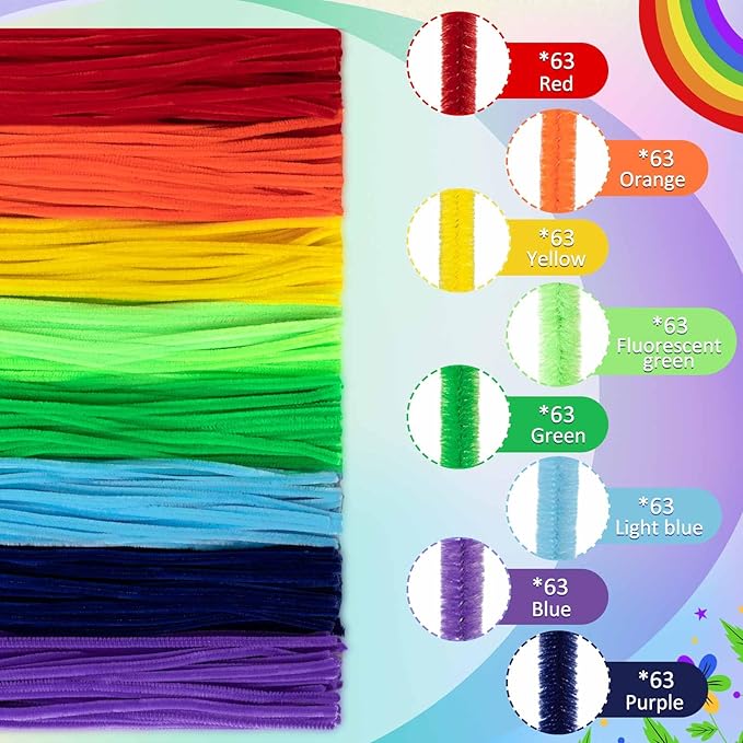 Peryiter 500 Pieces Pipe Cleaners Chenille Stems for Flowers Craft Supplies Bulk Fluffy Fuzzy Sticks for DIY Art Projects Creative Gift Wrapping Party Decorations(Rainbow Color,12 Inch)
