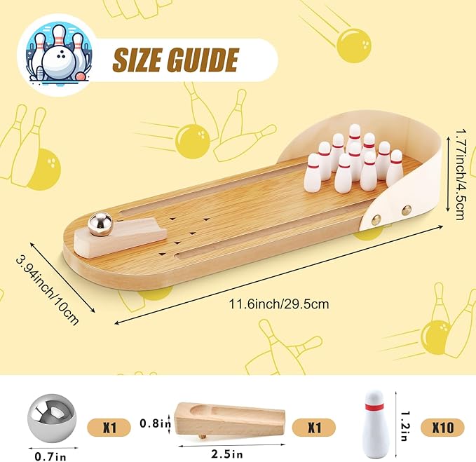 Mini Bowling Set, Wooden Portable Tabletop Bowling Game for Kids, Indoor/Outdoor Family Party Game, Gift for Boys and Girls