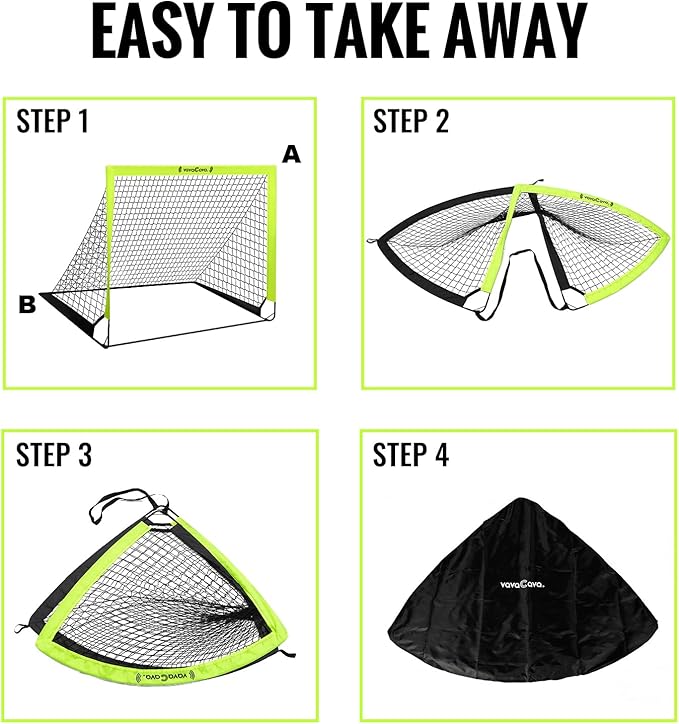 VavaCava 4'x3' Size Portable Soccer Goals Set for Backyard Fun, 2 Nets, 2 Size 3 Balls, 10 Marker Cones, Pump and Carry Bag, Outdoor Games for Backyard, Beach, Lawn, Kids Soccer Training Equipment