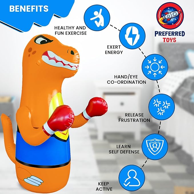 47" Inflatable Dinosaur Punching Bag for Kids - Durable Blow Up Kids Punching Bag with Bounce Back Base - Inflatable Indoor Outdoor Active Toddler Bop Play Toy