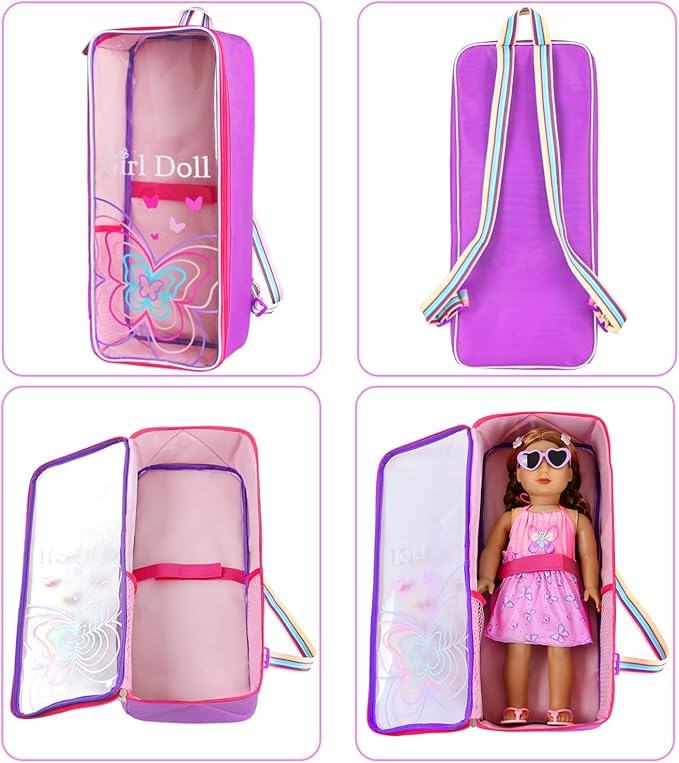 Ecore Fun 18 Inch Doll Carrier Backpack, 7Pcs Travel Doll Clear Display Storge Bag with Doll Clothe and Accessories for Take Doll Out, Girl Birthday Gift
