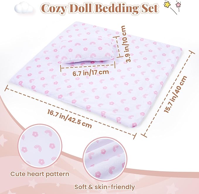 BABESIDE 3 Pcs Baby Doll Crib with Bedding Set for 12-16 Inch Babydolls, Wooden Dolls Furniture Doll Bed with Pillow and Blanket for Realistic Baby Doll Accessories (Doll Not Included)